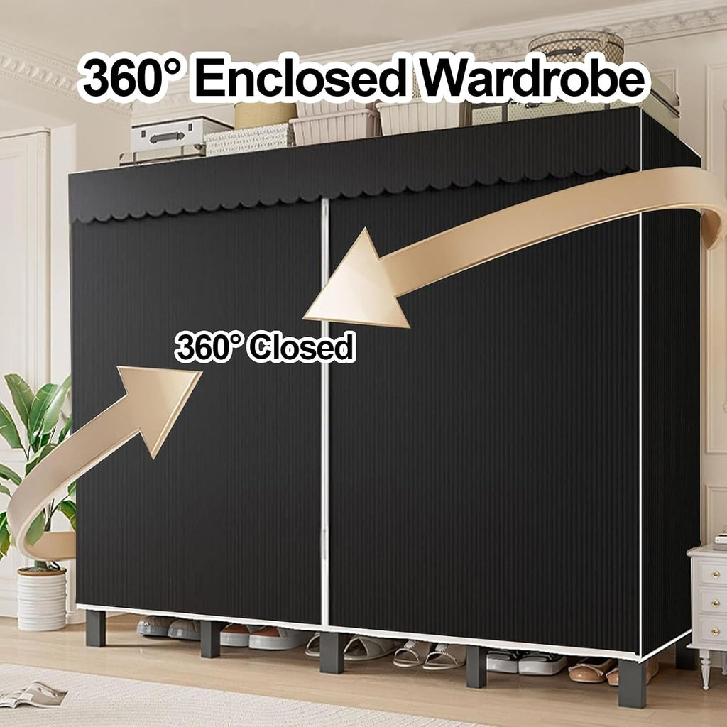 Foldable Wardrobe Closet With Cover, Metal Garment Rack, Freestanding Clothing Rack For Hanging Clothes, Portable Organizer Rack Shelf, For Bedroom, Dorm(Green,145cm/57.1inch)