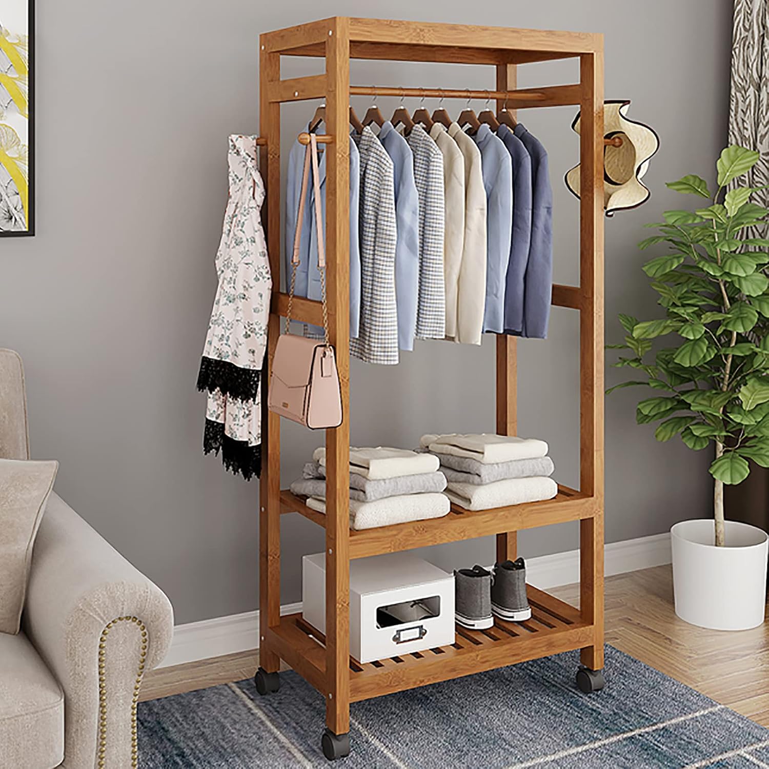 Garment Rack with 2 Tier Storage Shelves,Hanging Rack Bamboo Garment Rack,with Wheels,for Clothes, Shirts, Bags, Scarves, Pants, Shoes, Storage Boxes