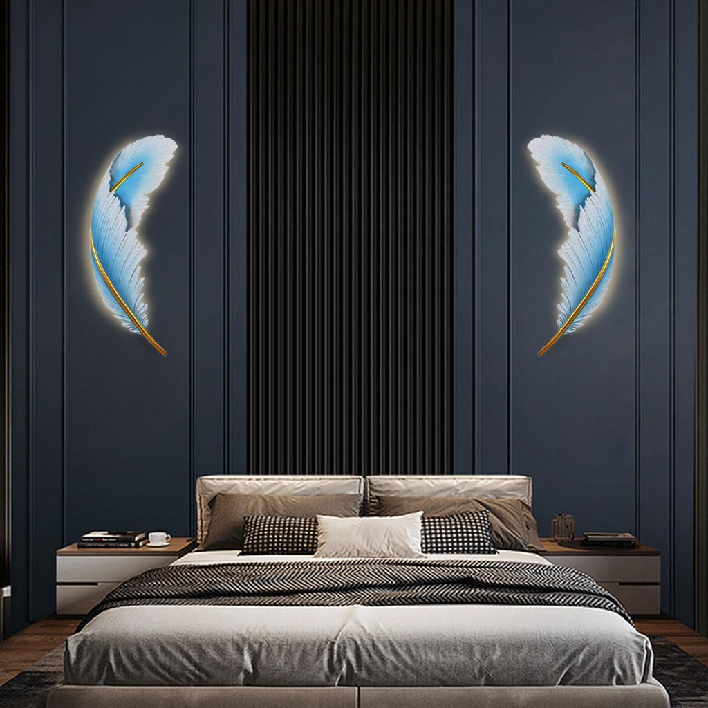 Modern LED Wall Light Vintage Dimmable Wall Lights Fixtures Mid Century Blue Resin Feather Design 3000k-6000k Indoor Wall Mount Lamp for Bedroom Living Dining Room Hallway