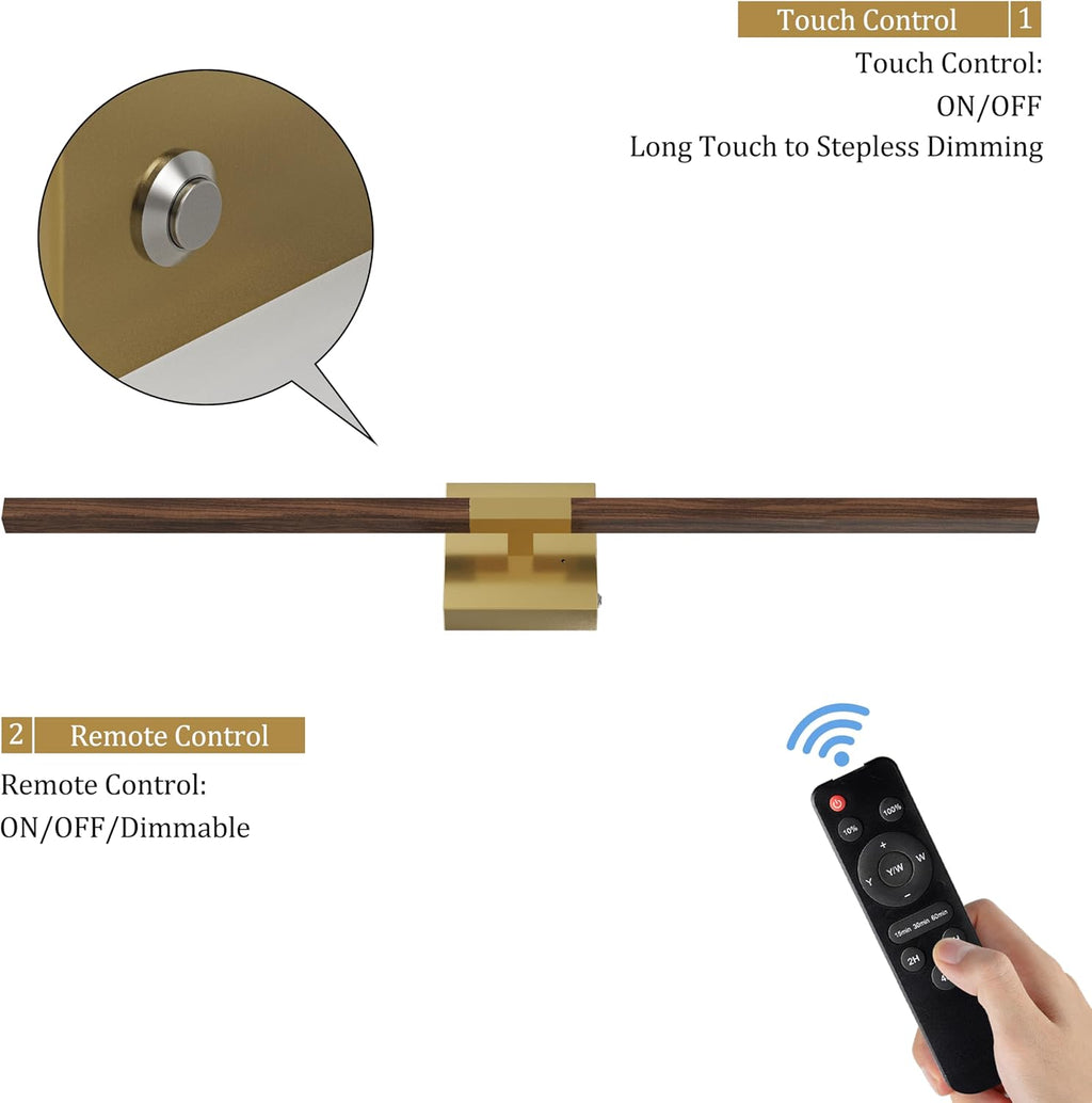Rayogale Gold Walnut Rechargeable Wall Sconce with Remote Control 36 Inch | 3000/4500/6000K Dimmable 8000mAh Wireless Battery Operated Wall Sconces Set of Two with Timer for Living Room, Bedroom, TV