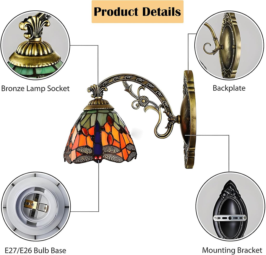 MIXL-Blue Dragonfly Wall Sconces Set of 2,Stained Glass Sconce,Art Deco Hallway Lighting Fixture,Modern Wall Lamp for Living Room Bedroom Study Room