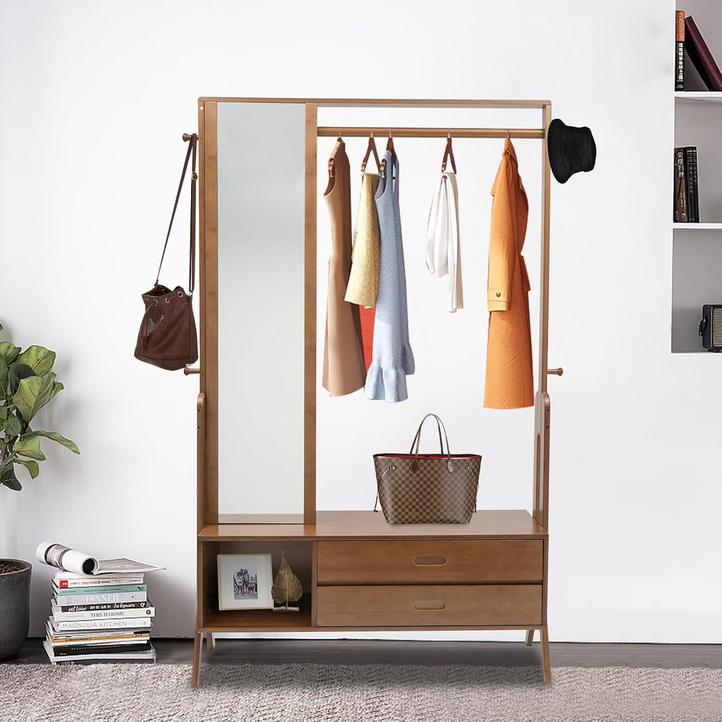 Bamboo Garment Rack Freestanding Clothing Rack with Shelves Hanging Rack with Mirror and Drawer for Bedroom Entryway, Support to 200lbs, 40.5 * 13 * 66.5inch