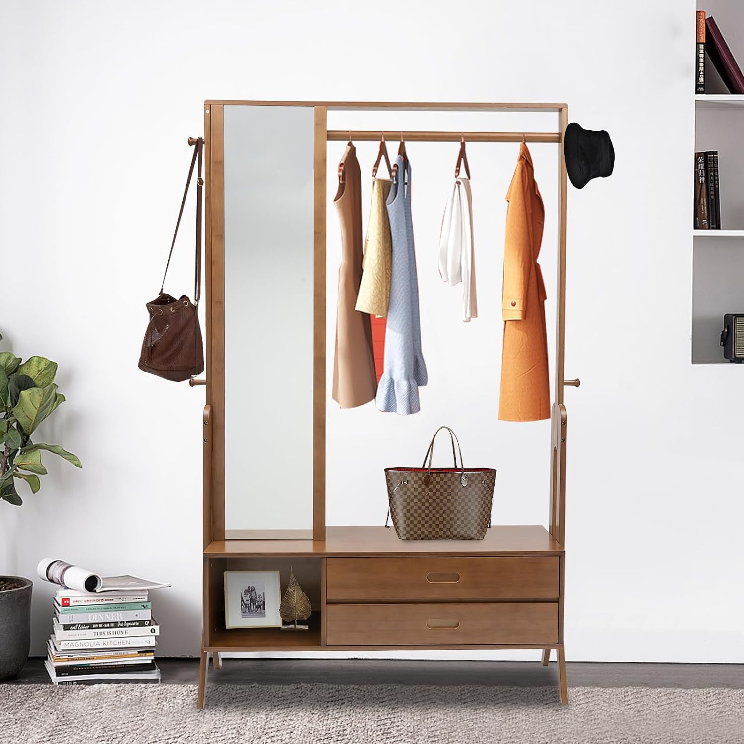 Bamboo Garment Rack Freestanding Clothing Rack with Shelves Hanging Rack with Mirror and Drawer for Bedroom Entryway, Support to 200lbs, 40.5 * 13 * 66.5inch