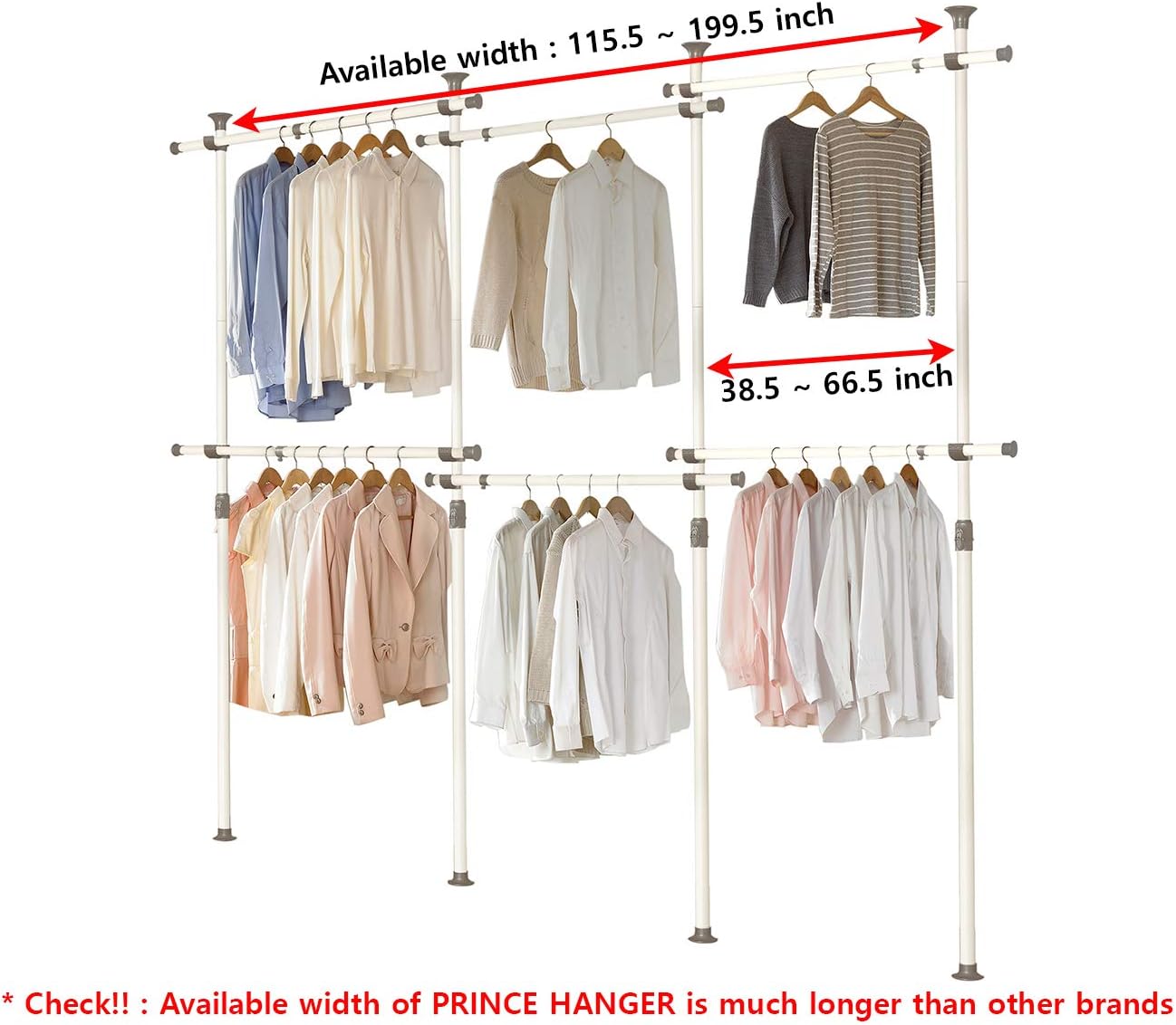 PRINCE HANGER Tension Pole Closet System — No-Renovation Hanging Storage Rack, 6-Tier Expandable Design (PHUS-0072)