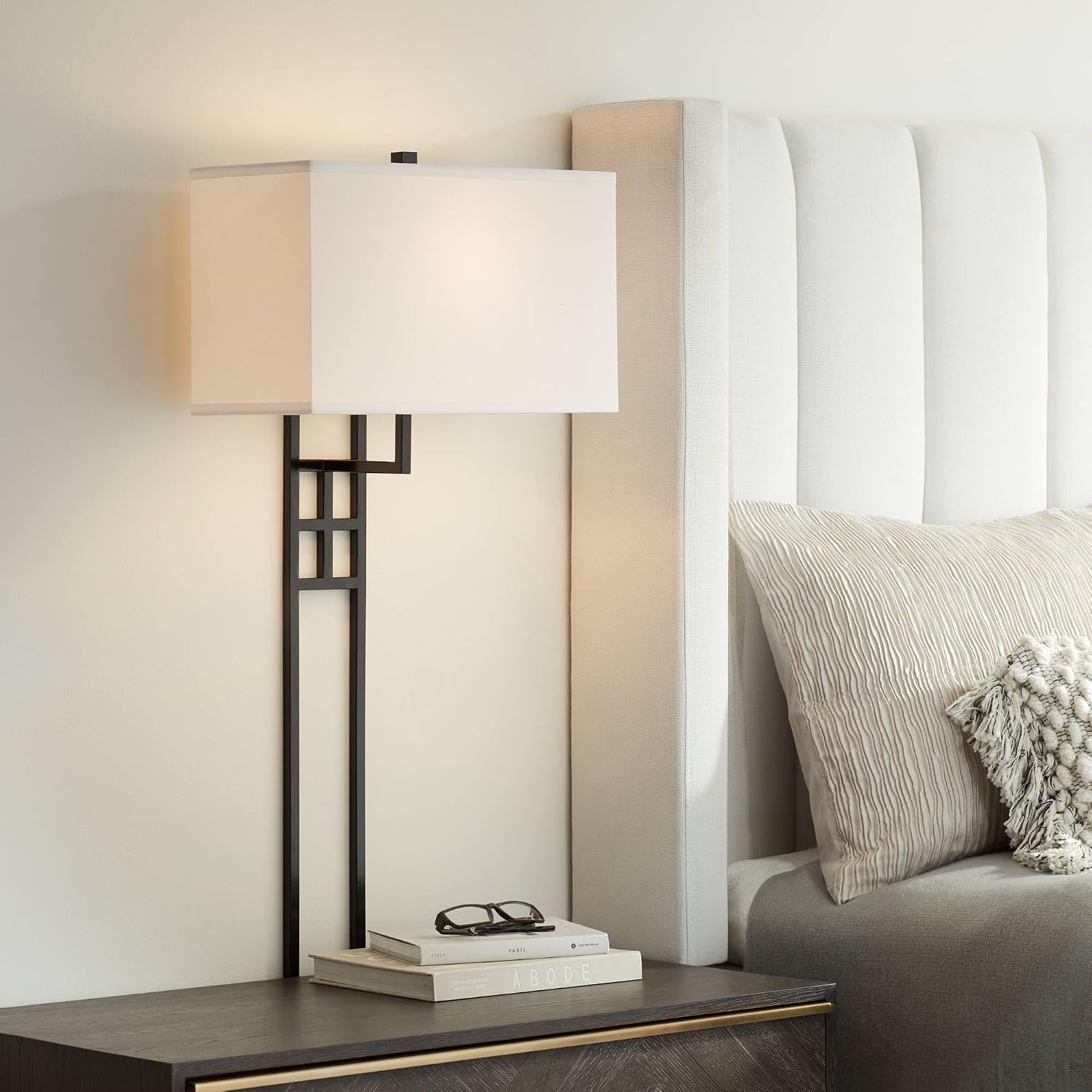 Possini Euro Design Ventano Modern Wall Lamps Set of 2 Matte Black Plug-in 16' Fixture White Linen Fabric Rectangular Shades for Bedroom Bathroom Bedside Vanity Living Room Mirror Hallway Dining