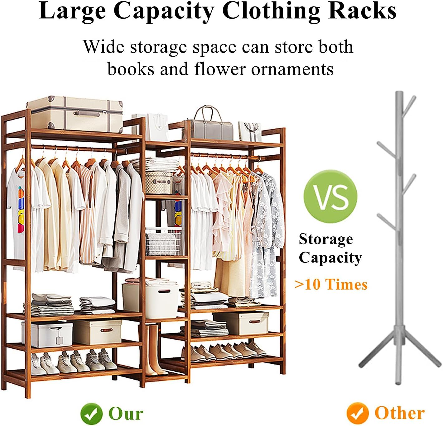 Bamboo Garment Rack for Hanging Clothes, Multi Tier Clothes Rack w/Storage Shelves, Heavy Duty Clothing Rack Wardrobe Closet Organizer, Brown,130cm