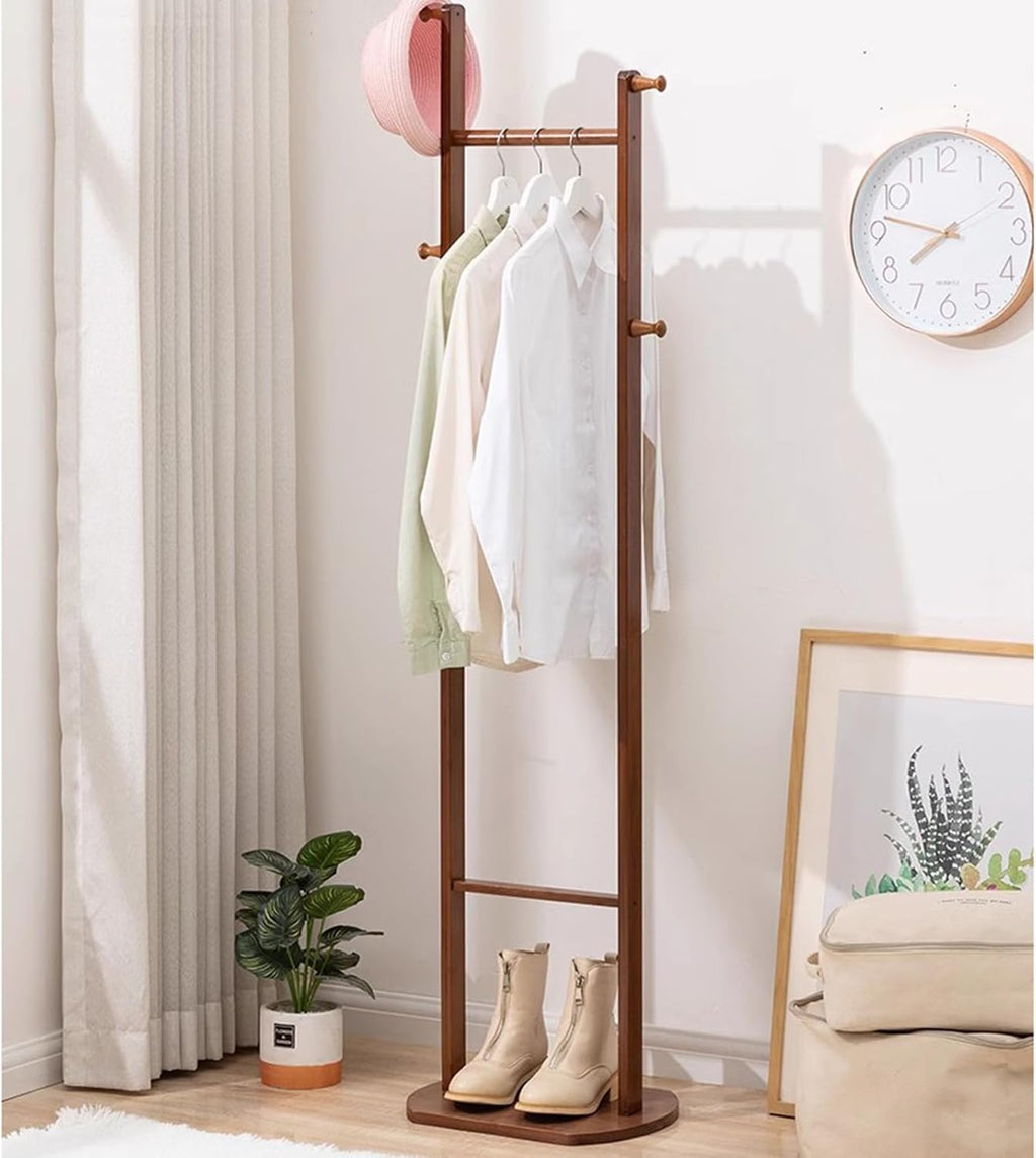 Garment Rack Bamboo Clothing Rack Corner Coat Rack Stand Hall Trees Free Standing Clothes Hanging Rail With Shelves And 4 Hooks For Entryway Bedroom Living Room, 40X30X162CM(Color:Brown)