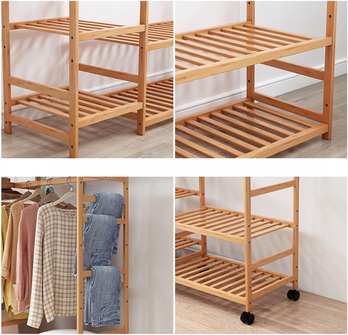 Coat Rack, Bamboo Clothes Rack Open Frame Bamboo Garment Wardrobe Organizer Large Cabinet Hanging Rails With 360°rotation 4 Wheels For Dress Pants Shoes Hats Natural