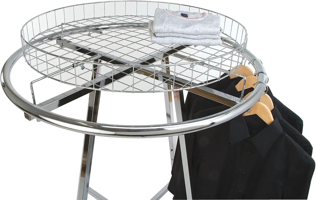 Econoco Folding Round Garment Rack, Adjustable Height Retail Display, Chrome Finish (36' Rack with Grid Top Basket)