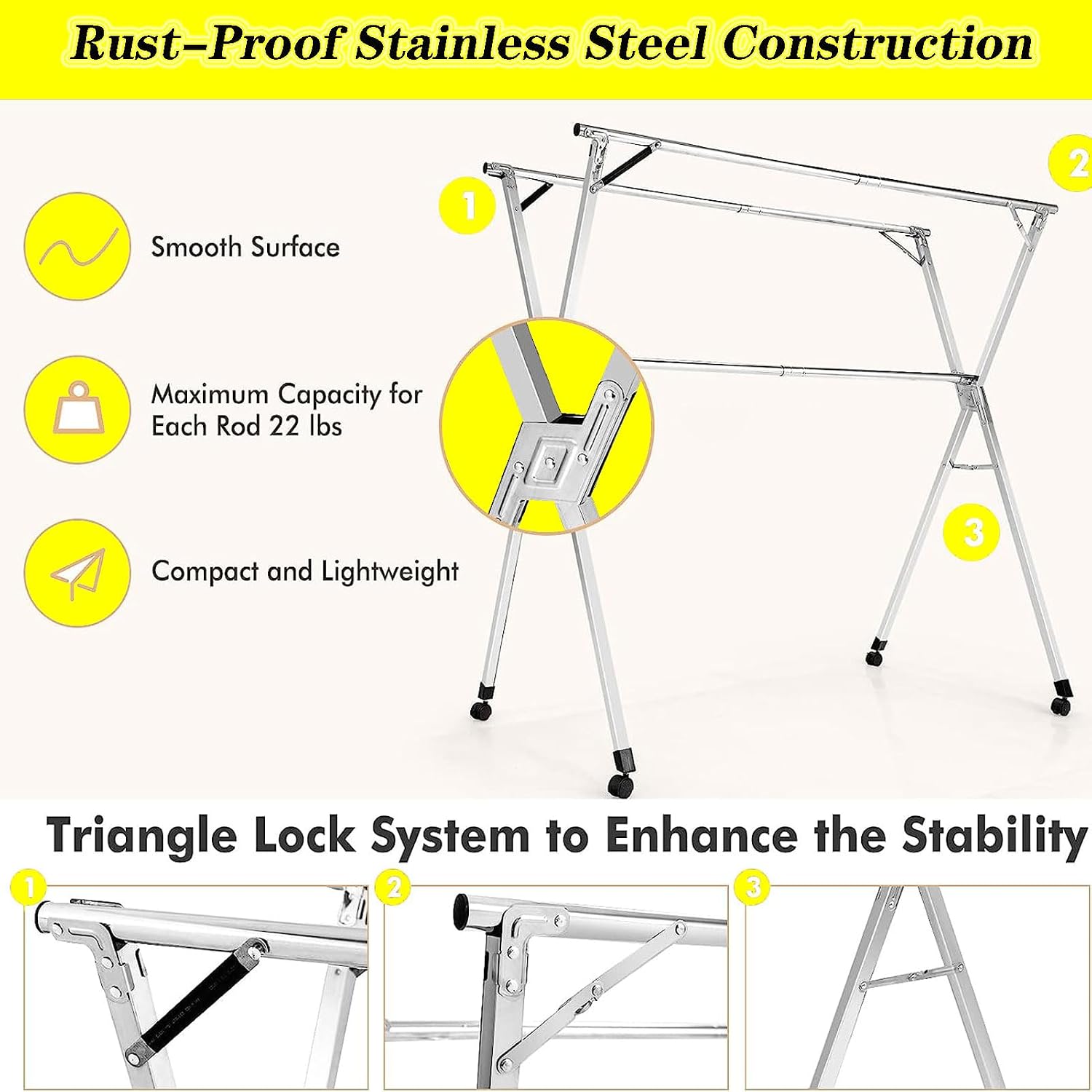 Stainless Steel Clothes Drying Rack,Clothes Dryer Rack Outdoor,Racks for Laundry Room,Clothes Drying Rack Folding Indoor,Garment Racks for Hanging Clothes with Wheels(150cm/60 in)