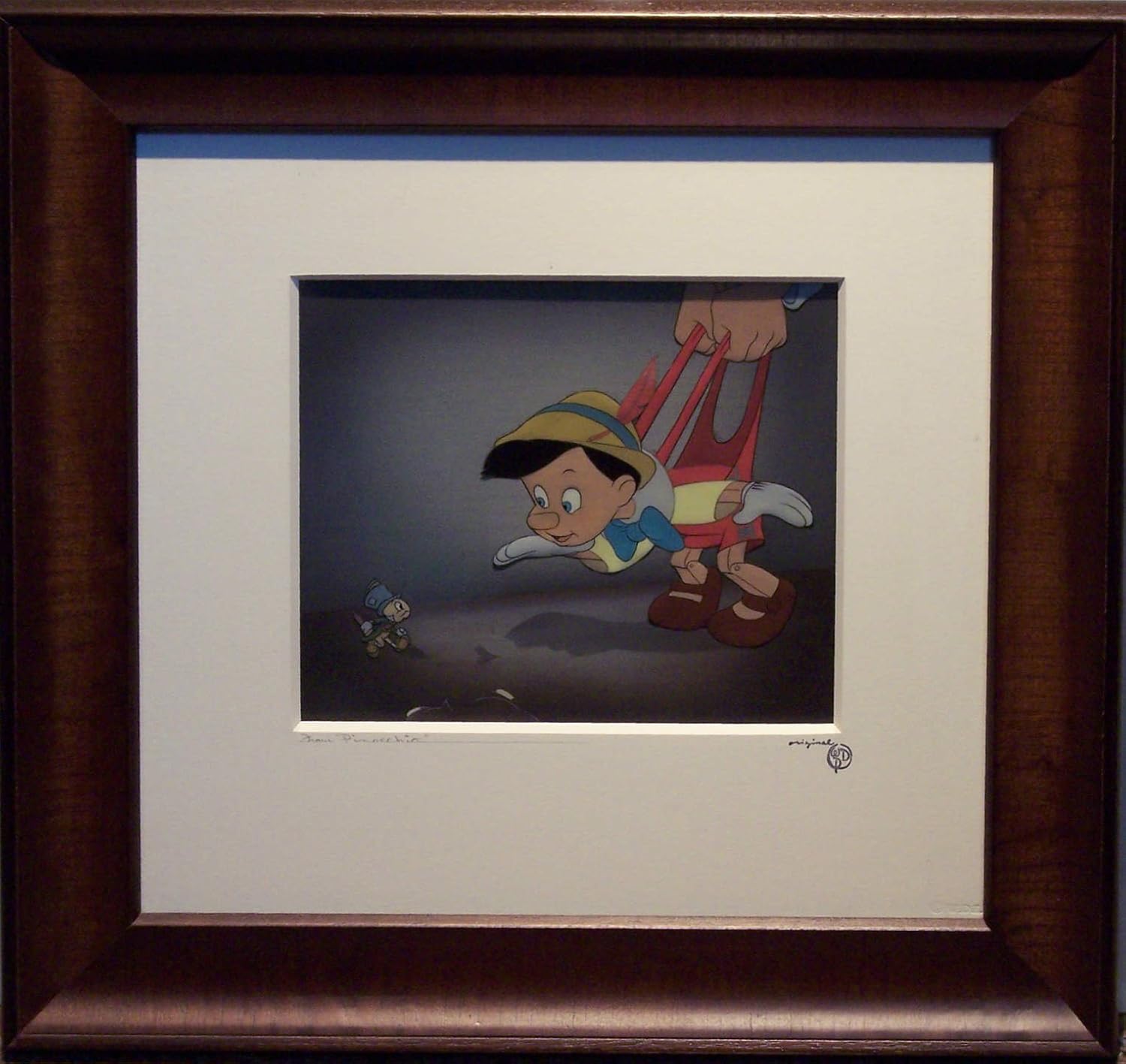 Pinocchio and Jiminy Cricket Vintage Courvoisier Framed Animation Production Cel - Walt Disney