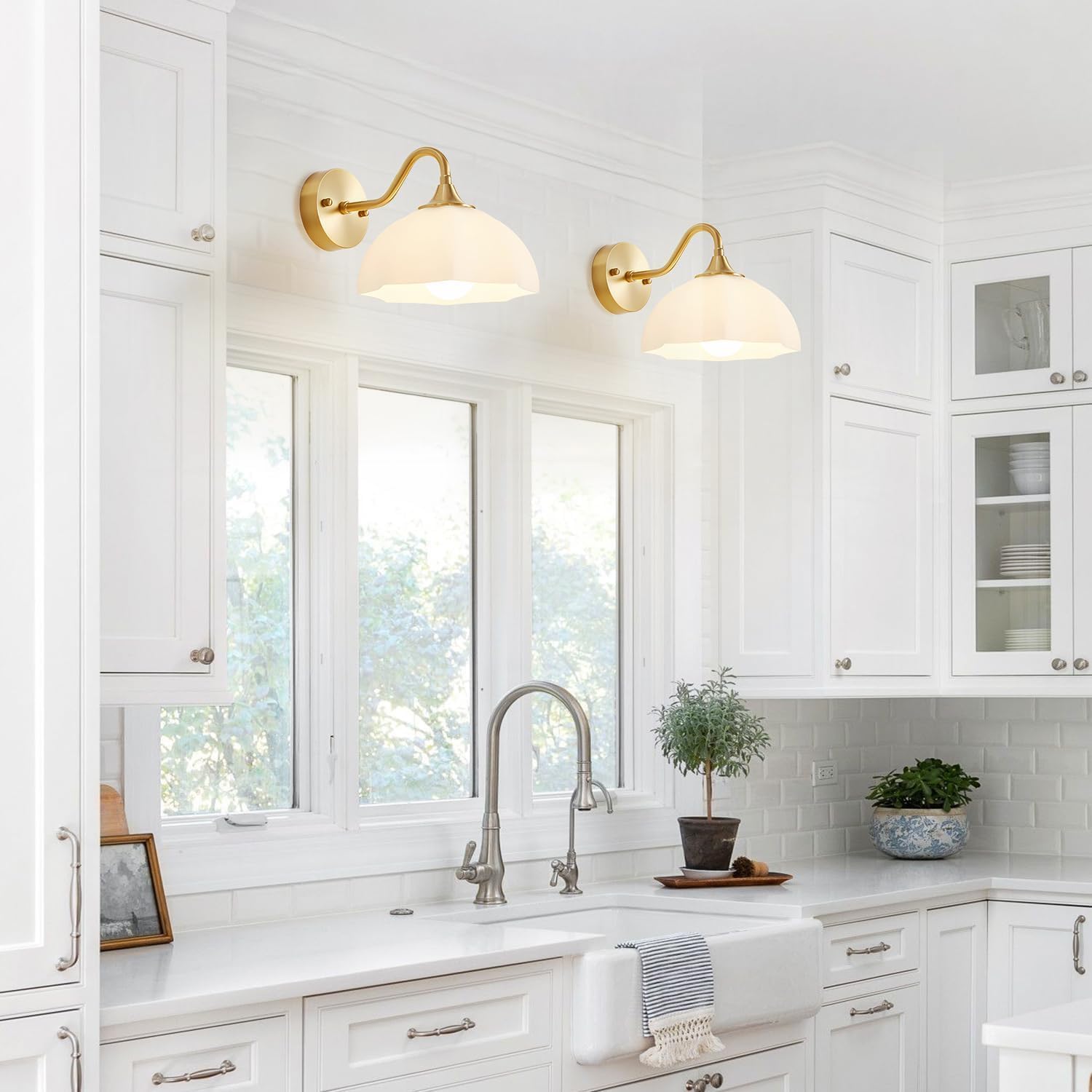 Gold Wall Sconce Set of 2 Mid Century Modern Wall Mount Light Hardwired Sconces Wall Lighting with Milky White Glass Shade Indoor Bedside Sconces Wall Lamp for Living Room Hallway MWL02-2A