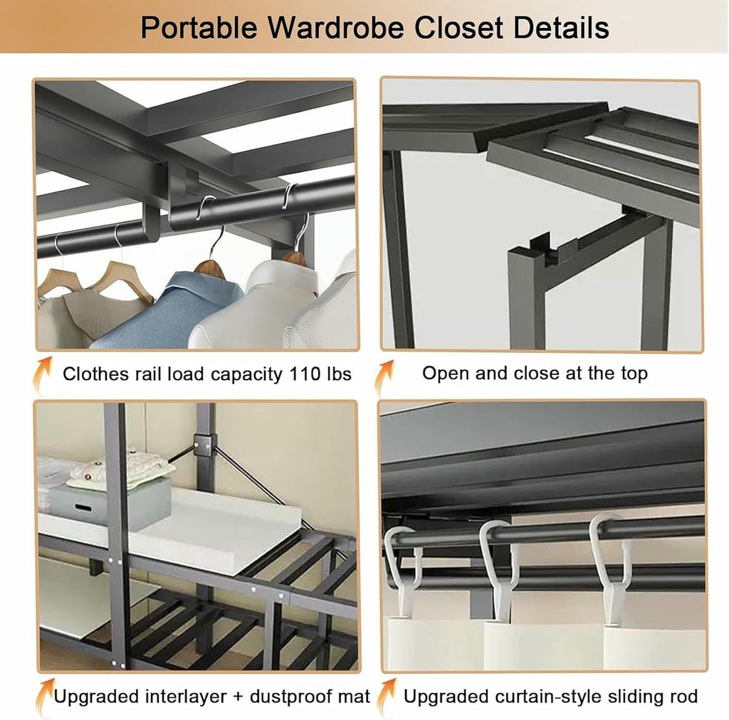 Metal Wardrobe Rack - Heavy Duty Foldable Wardrobe Closet with Cover 1200lbs Garment Rack for Hanging Clothes Covered Clothing Coat Storage Organizer