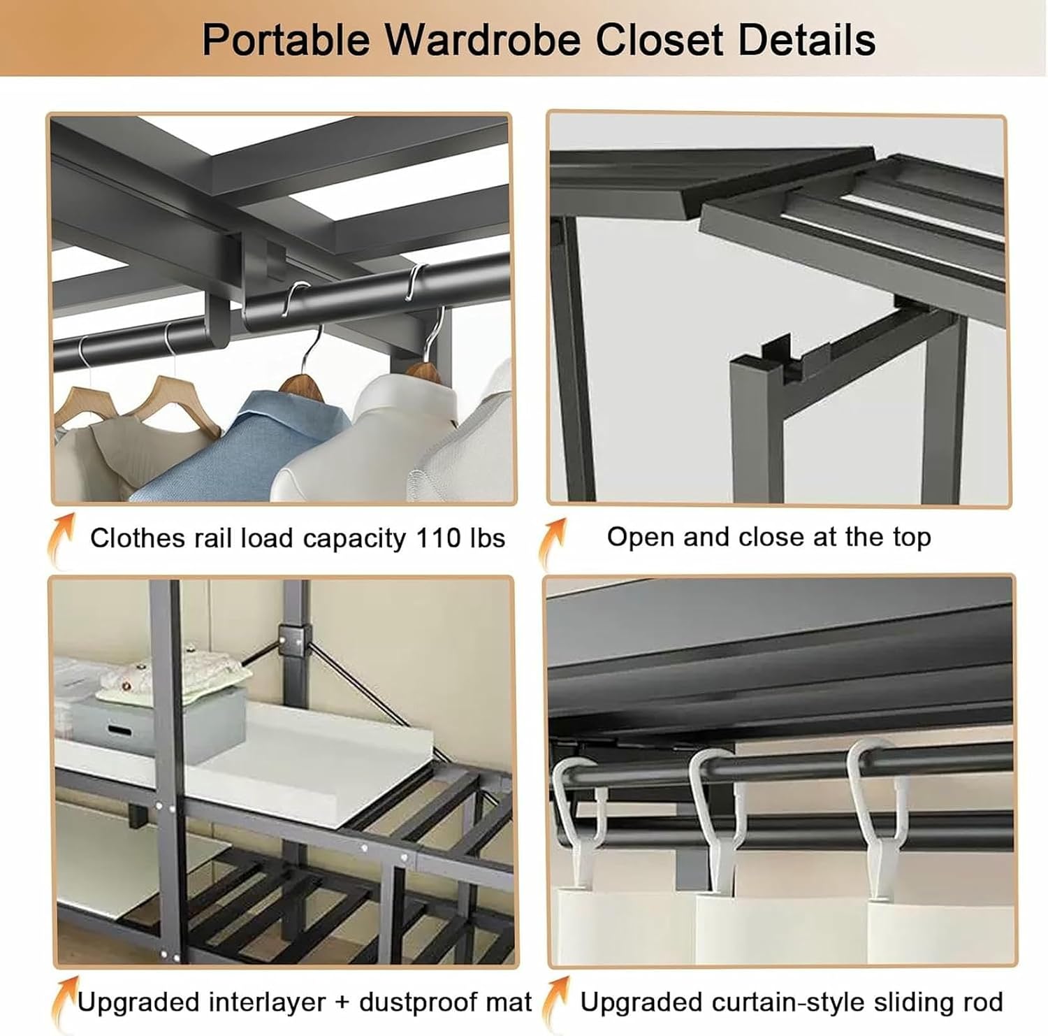 Metal Wardrobe Rack - Heavy Duty Foldable Wardrobe Closet with Cover 1200lbs Garment Rack for Hanging Clothes Covered Clothing Coat Storage Organizer