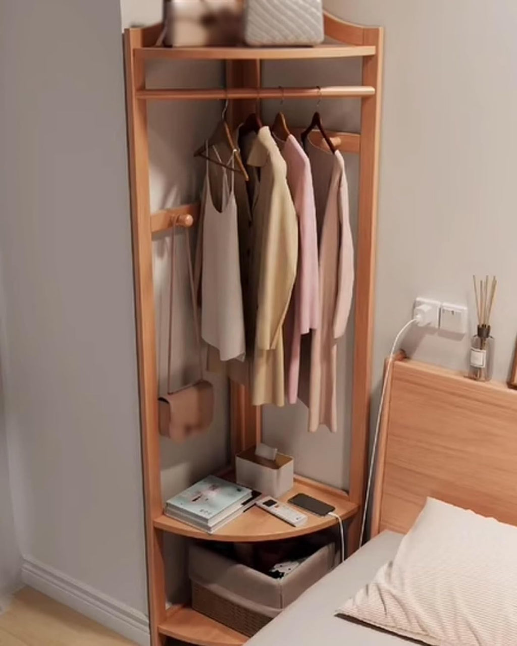 Bamboo Clothing Rack Corner Coat Rack with Hooks Stand Hall Trees Adjustable Storage Space Clothes Hanging Rail Garment Rack Anti-Tip Movable Clothing Display Rack for Bedroom Entryway