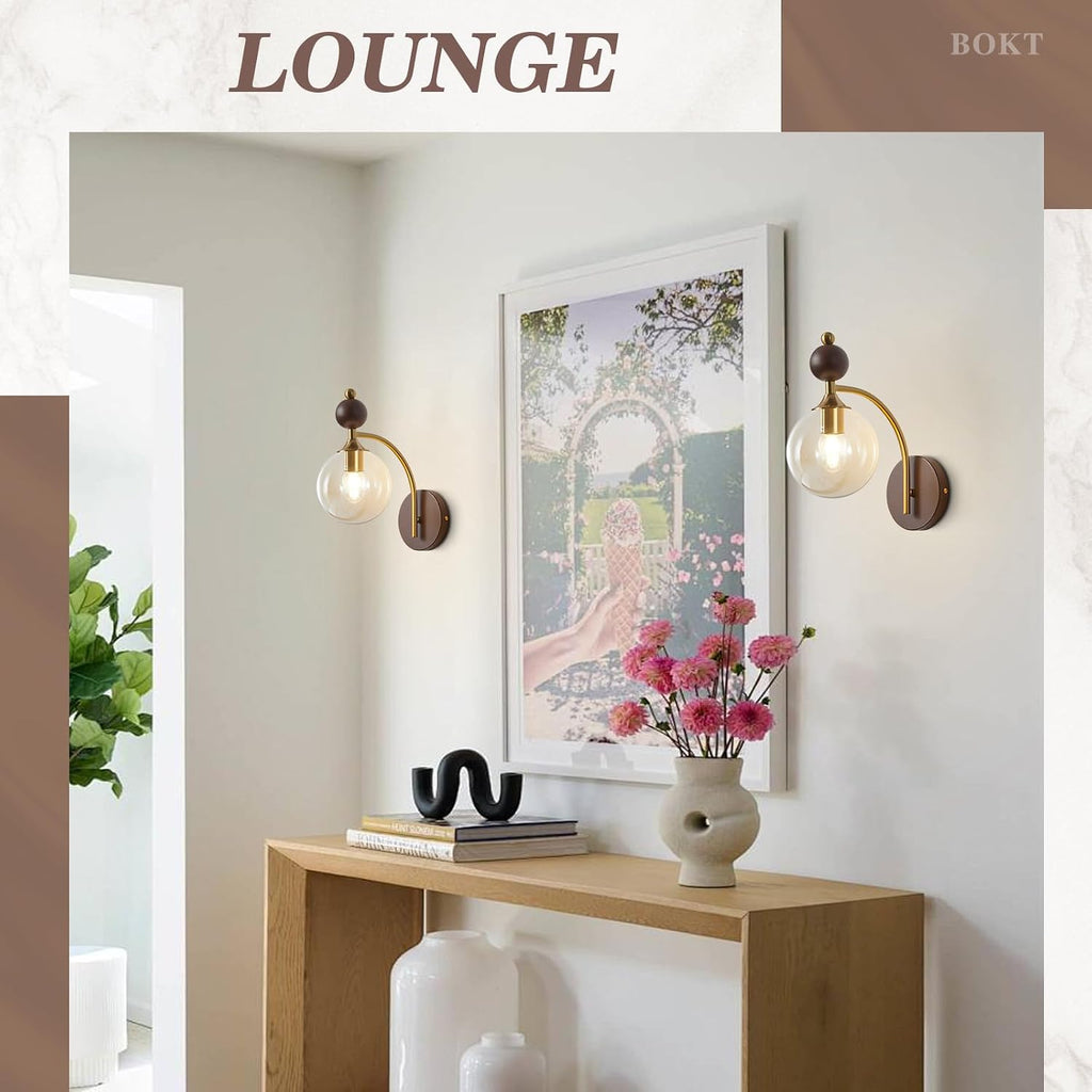 BOKT Brass Globe Gold Sconce Bedroom Wall Lamps Set of 2 Small Wall Lamp Modern Living Room Nordic Vanity Light Fixtures with Amber Glass 2-Light Bathroom Lighting Wall Sconces