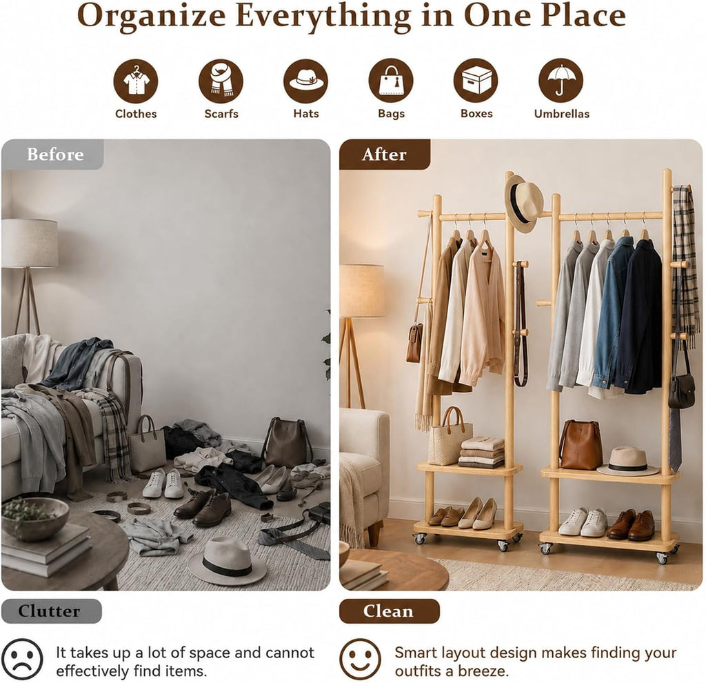 Solid Wood Coat Rack Freestanding Clothing Rack with Wheels & 2 Shelves Storage & 5 Hooks Heavy Duty Clothes Rack Wood Coat Tree Stand Hat Hanger Rack for Corner Bedroom Entryway Living Room Hotel