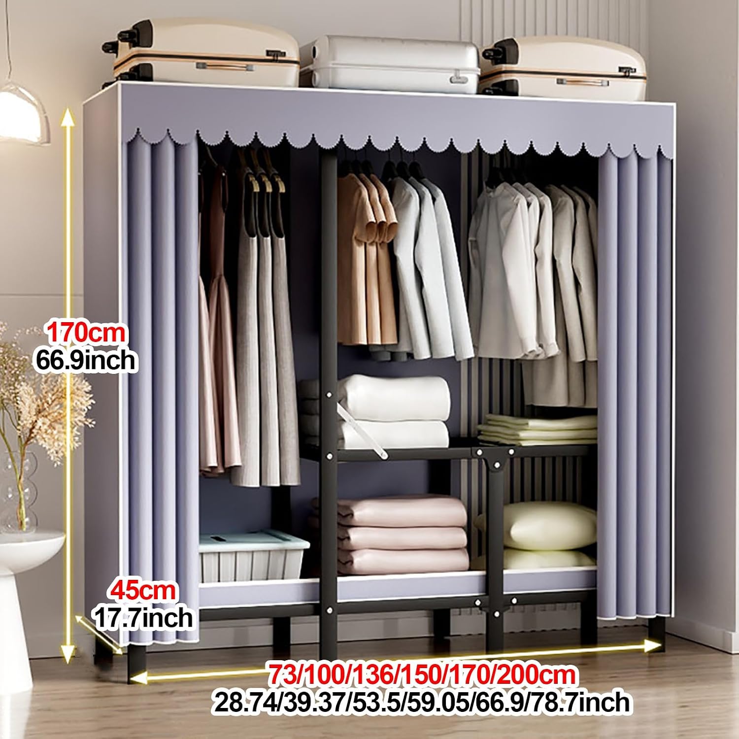 Foldable Closet Wardrobe, Heavy Duty Clothes Rack With Cover, Garment Racks For Hanging Clothes, Metal Closet Organizer, Armoire Storage For Bedroom(B,73cm/28.7in)