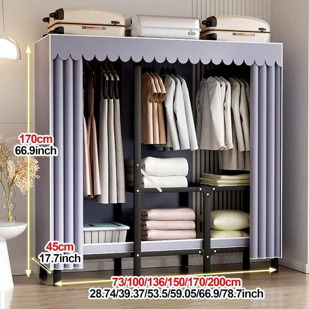 Foldable Closet Wardrobe, Heavy Duty Clothes Rack With Cover, Garment Racks For Hanging Clothes, Metal Closet Organizer, Armoire Storage For Bedroom(B,150cm/59.1in)
