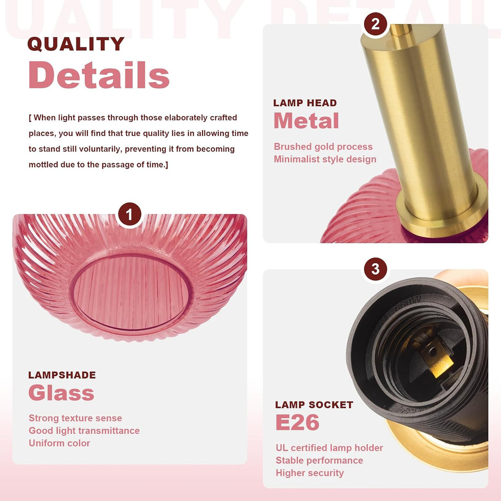 7.9' Pink Glass Plug in Hanging Lights Gold 2 Pack Pendant Light Black 14.75Ft Plug in Cord Striped Shade Modern Chandelier for Kitchen Dining Room Living Room Bedroom