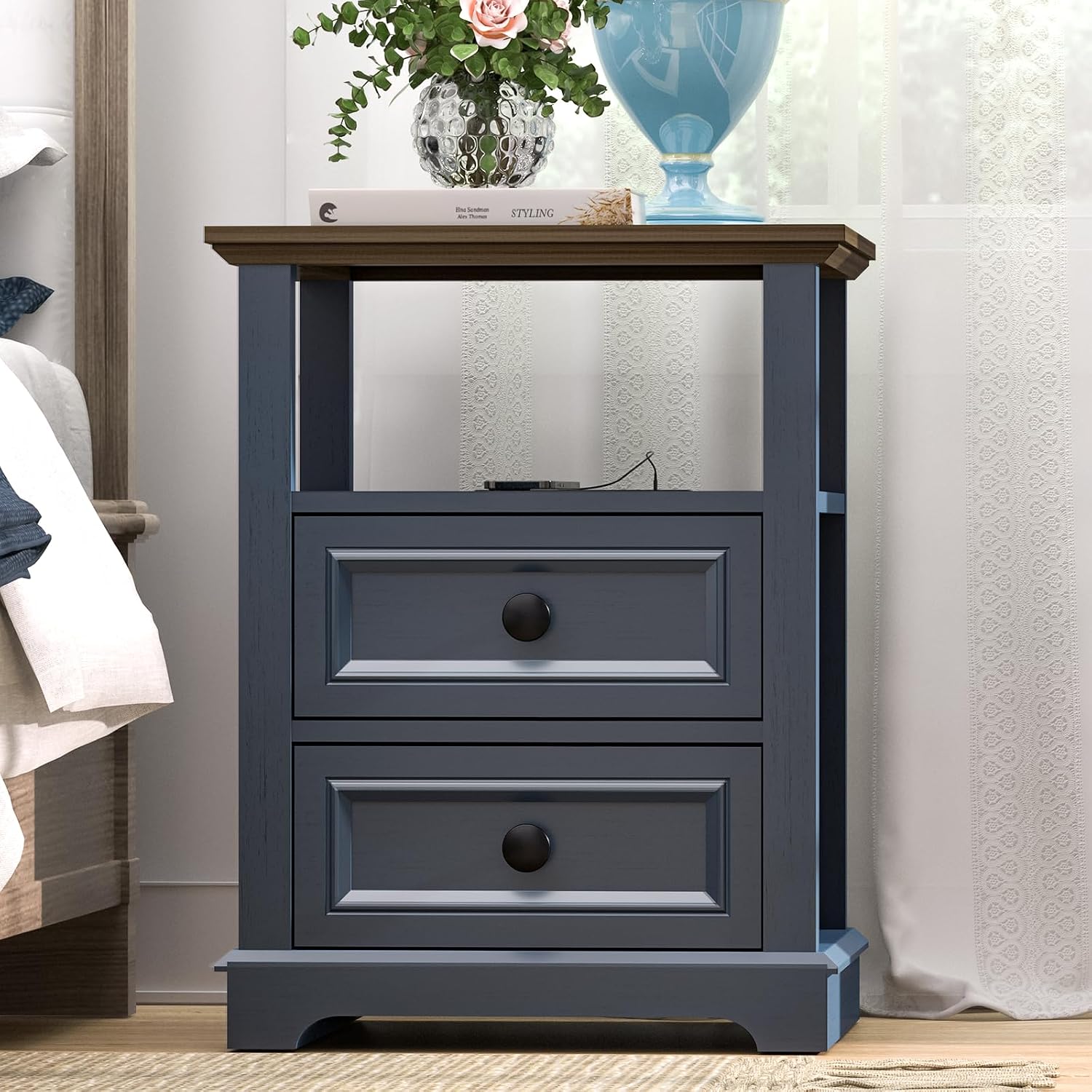 REDAYFUR 24' Tall Nightstand with Charging Station Set of 2, Fast Charge End Table Set of 2, Large 18' Bedside Table with Drawers, Storage Cabinet with Open Shelf for Bedroom, Blue