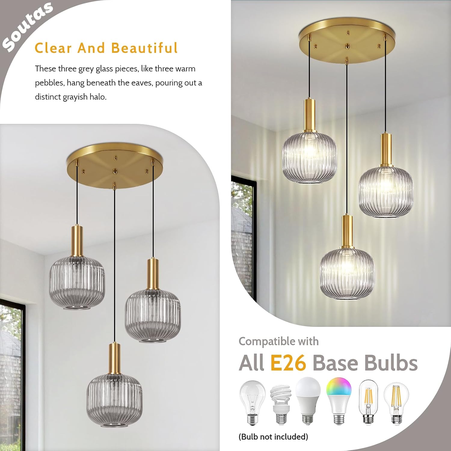 Gold 3-Light Pendant Light Fixture, Modern Smoke Gray Glass Cluster Pendant Lights Kitchen Island, Multi Light Pendant Chandelier Adjustable Hanging Lights for Dining Room Stairs Foyer