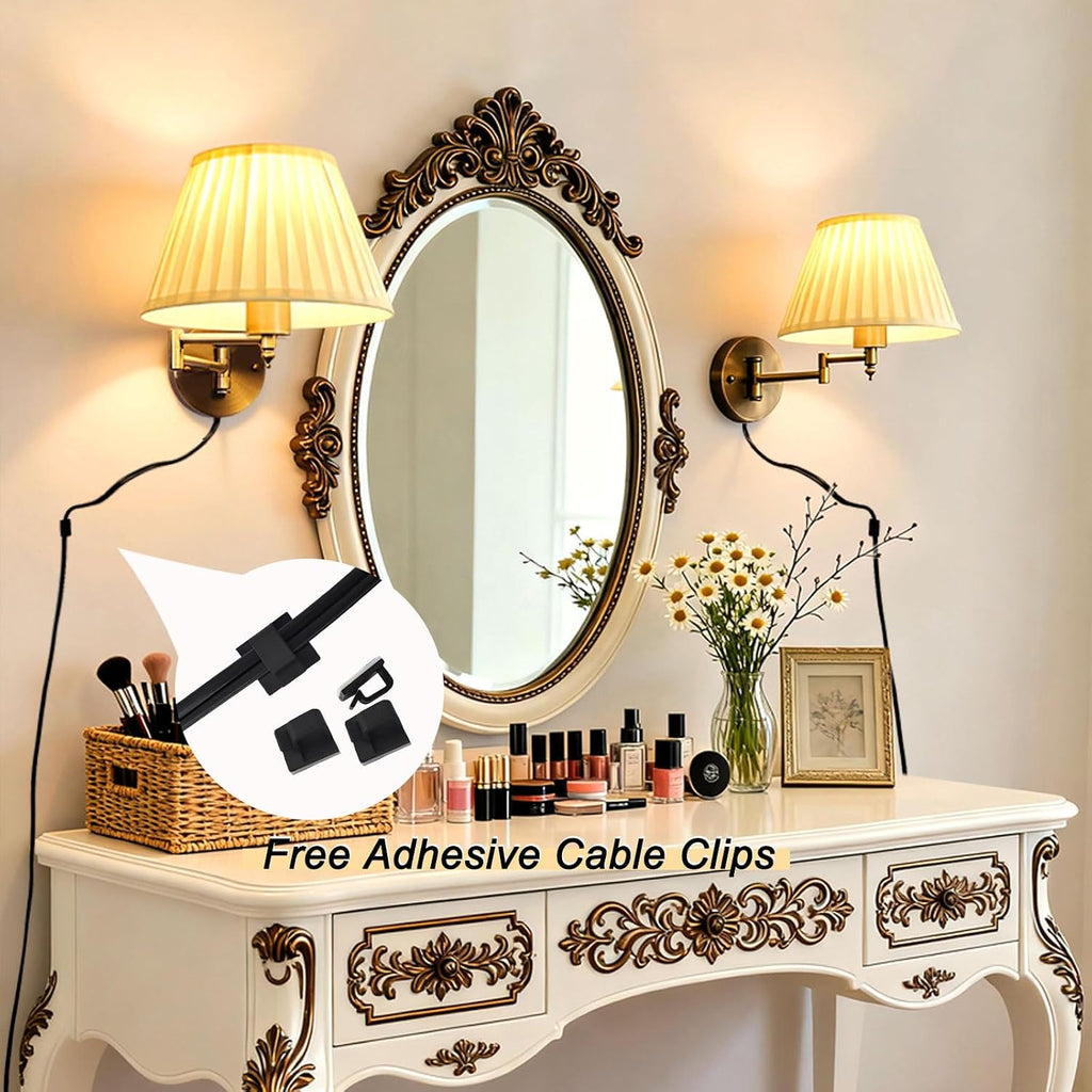 Indoor Wall Sconce Set of Two Swing Arm Wall Lamp Plug in Bronze Wall Light Fixtures with Beige Fabric Shade Bedside Lights for Bedroom Hallway Study Room Living Room Reading Light
