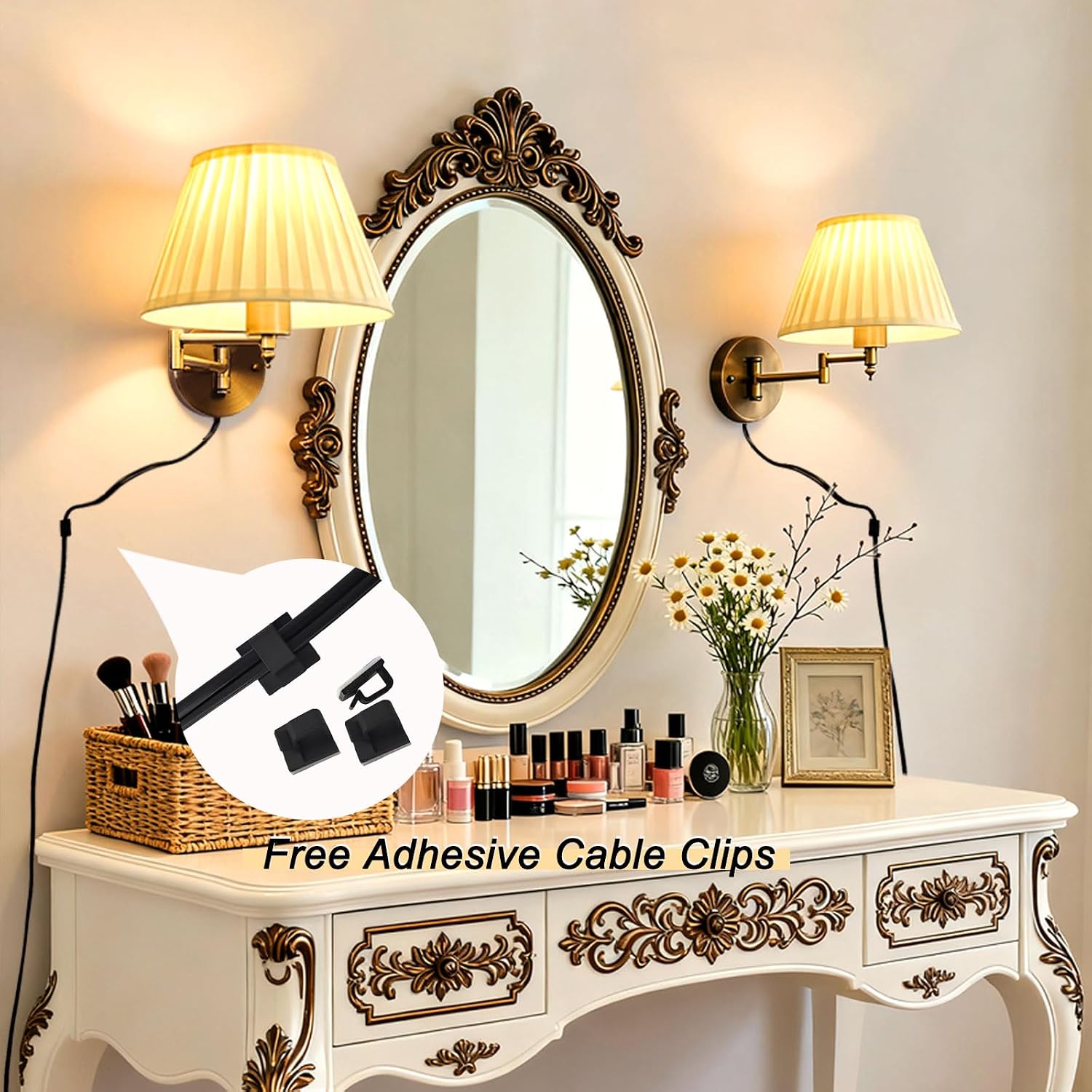 Indoor Wall Sconce Set of Two Swing Arm Wall Lamp Plug in Bronze Wall Light Fixtures with Beige Fabric Shade Bedside Lights for Bedroom Hallway Study Room Living Room Reading Light