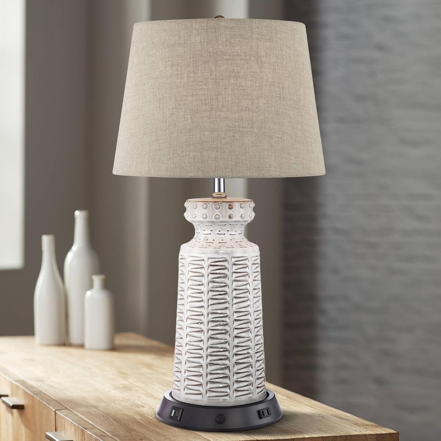 360 Lighting Helene Country Cottage Table Lamp with Dimmable USB and AC Power Outlet Workstation Charging Base 26' High Cream White Ceramic Tan Drum Linen Shade Living Room (Color May Vary)