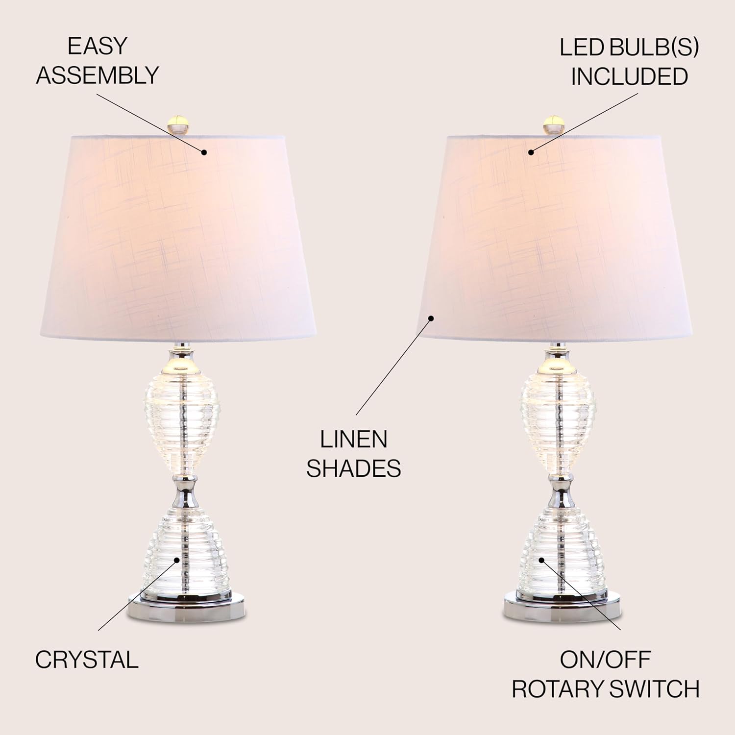 JONATHAN Y 24' Clear Crystal LED Table Lamp Set of 2, Glam Hourglass Bedside Lamps for Living Room Bedroom, White Linen Shade, Chrome Finish, LED Bulbs Included JYL2045A-SET2