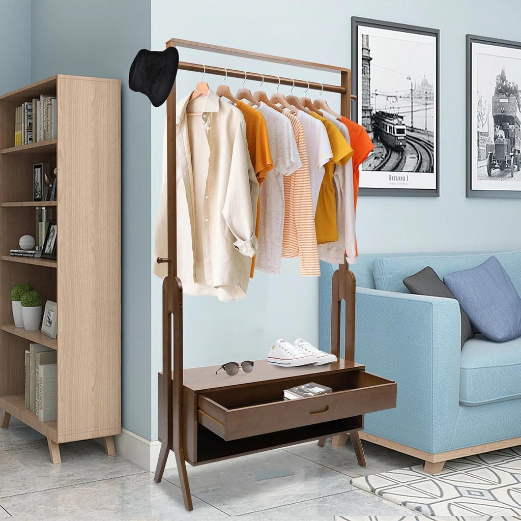 for Bamboo Clothes Hanging Garment Rack Heavy Duty Laundry Rack Cloest Storage Shelf