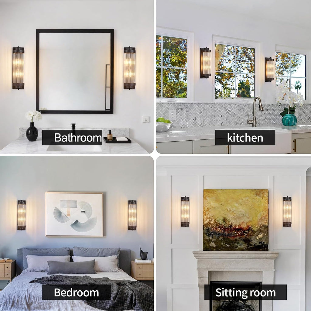 Black Wall Sconces Set of Two with Crystal Glass Strip Bathroom Sconces Modern Wall Lights for Bedroom Living Room Hallway Wall Light Fixtures, 2 Light E12 Base