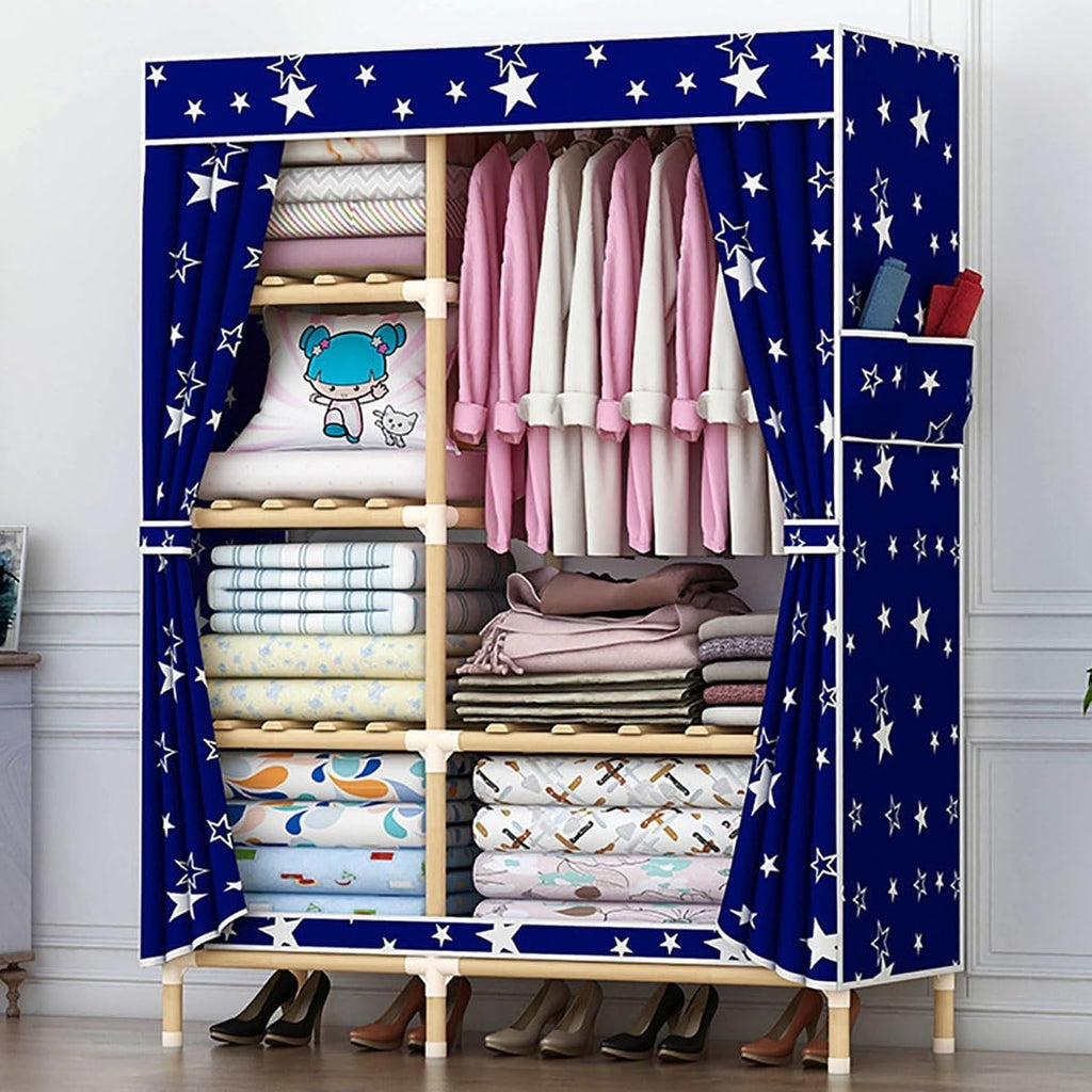 Bamboo Garment Rack With 6 Storage Shelves And Rod For Hanging Clothes Freestanding Wardrobe Closet For Bedroom And Living Room (Color : Blue, Size : 100x45x170cm)