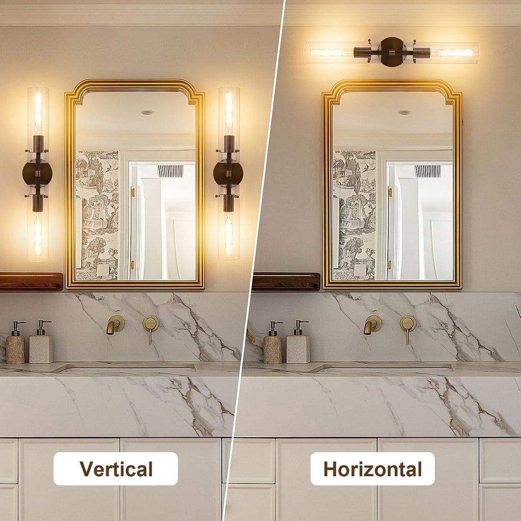 Brass Bronze 2-Light Knurled Wall Sconce, Dual-Head Vanity Lamp with Clear Glass Tube, Bathroom Wall Sconces, Wall Lights for Living Room Bedroom Hallway Kitchen Bathroom Mirror