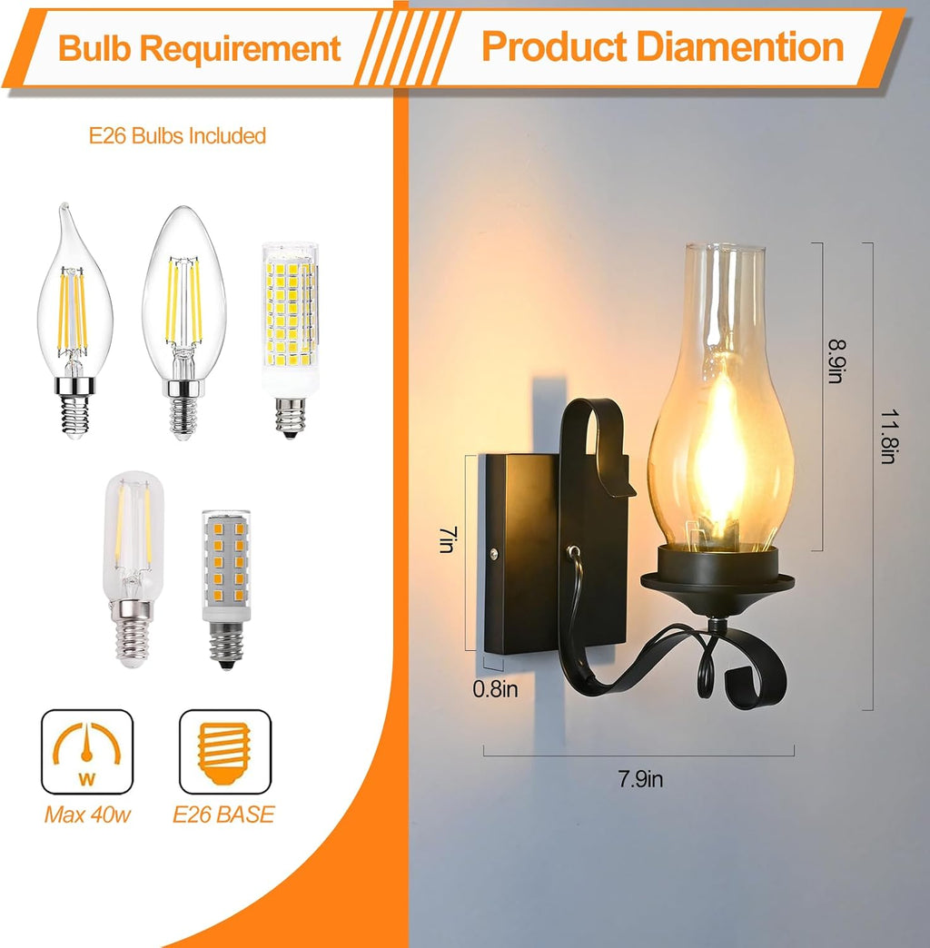 Rustic Wall Sconces, Black Farmhouse Industrial Wall Sconce with Amber Glass, Vintage Retro Wall Lamps, Indoor Wall Lighting Lantern for Bedroom Living Room Bathroom (4 Pack Hardwired)