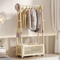 Free Standing Coat Stand with Hanging Rod, Bamboo Clothes Rail Stand with Large Capacity Rattan Storage Basket, Mobile Garment Rack with Wheels, for Bedroom Hallway