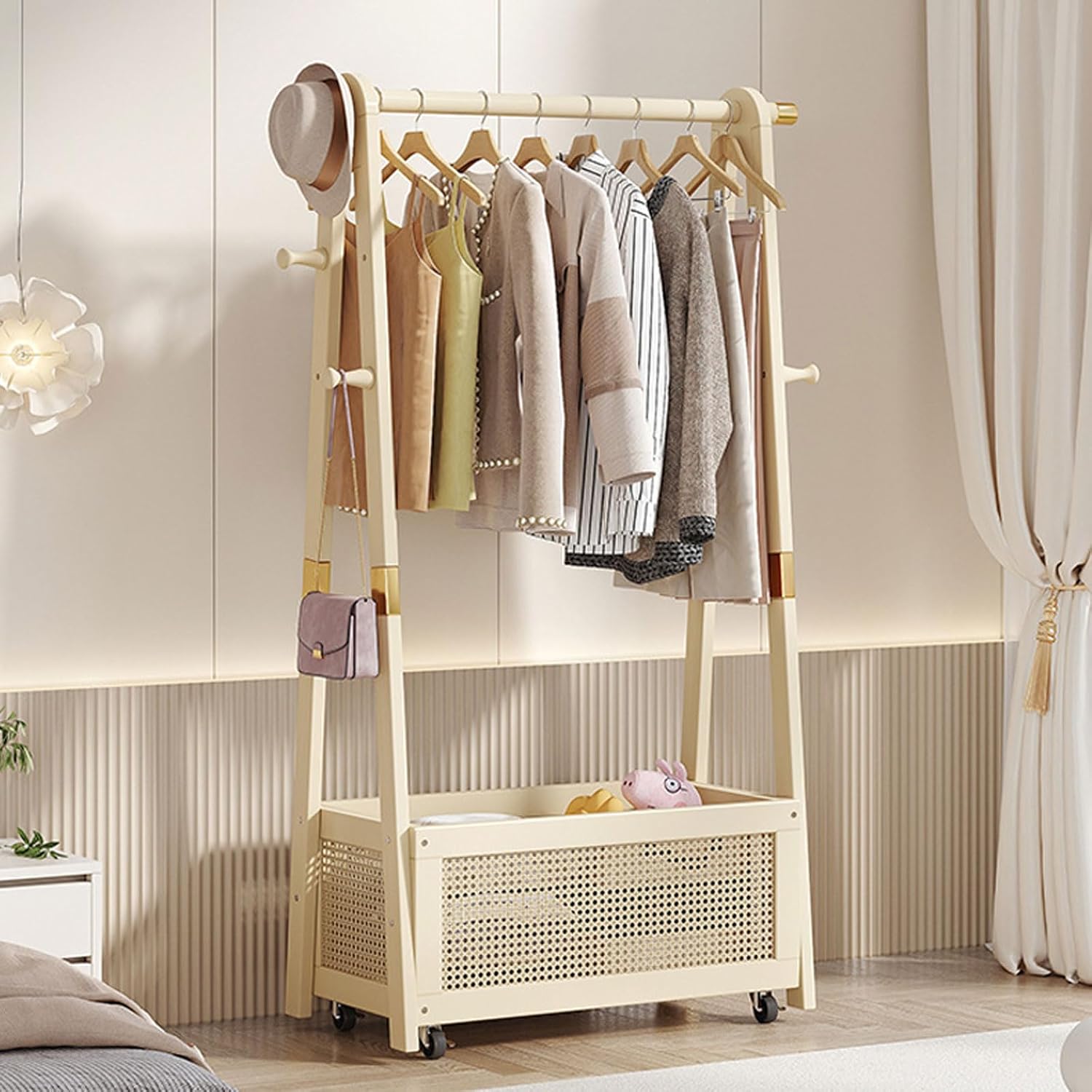 Free Standing Coat Stand with Hanging Rod, Bamboo Clothes Rail Stand with Large Capacity Rattan Storage Basket, Mobile Garment Rack with Wheels, for Bedroom Hallway
