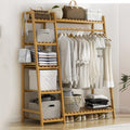 Wooden Clothes Rail with Shelves for Bedroom,Freestanding Coat Garment Rack with Hanging Rod,Clothes Rail with Storage,Open Wardrobes for Bedroom,Bamboo Shelves(Trapezoid Structure