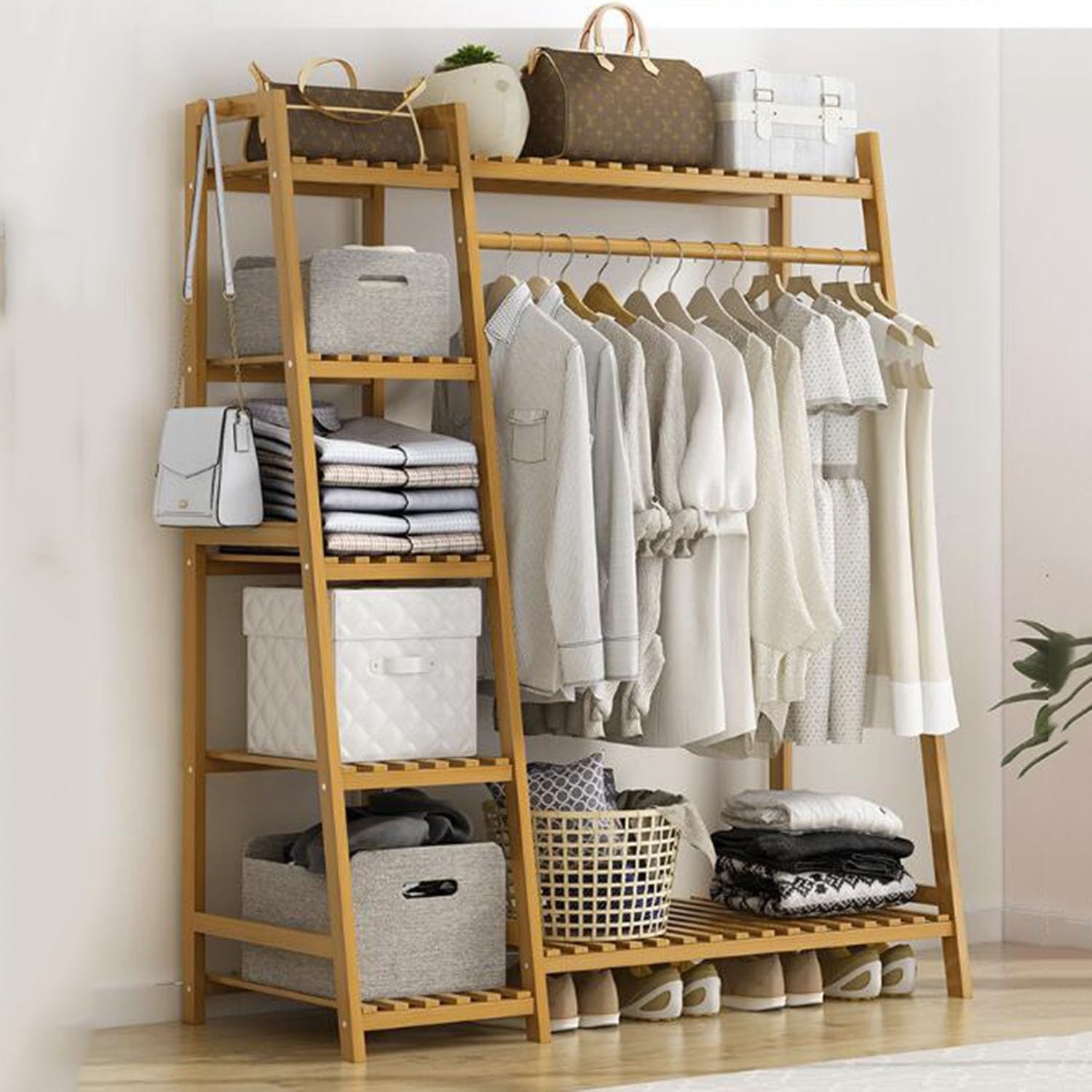 Wooden Clothes Rail with Shelves for Bedroom,Freestanding Coat Garment Rack with Hanging Rod,Clothes Rail with Storage,Open Wardrobes for Bedroom,Bamboo Shelves(Trapezoid Structure