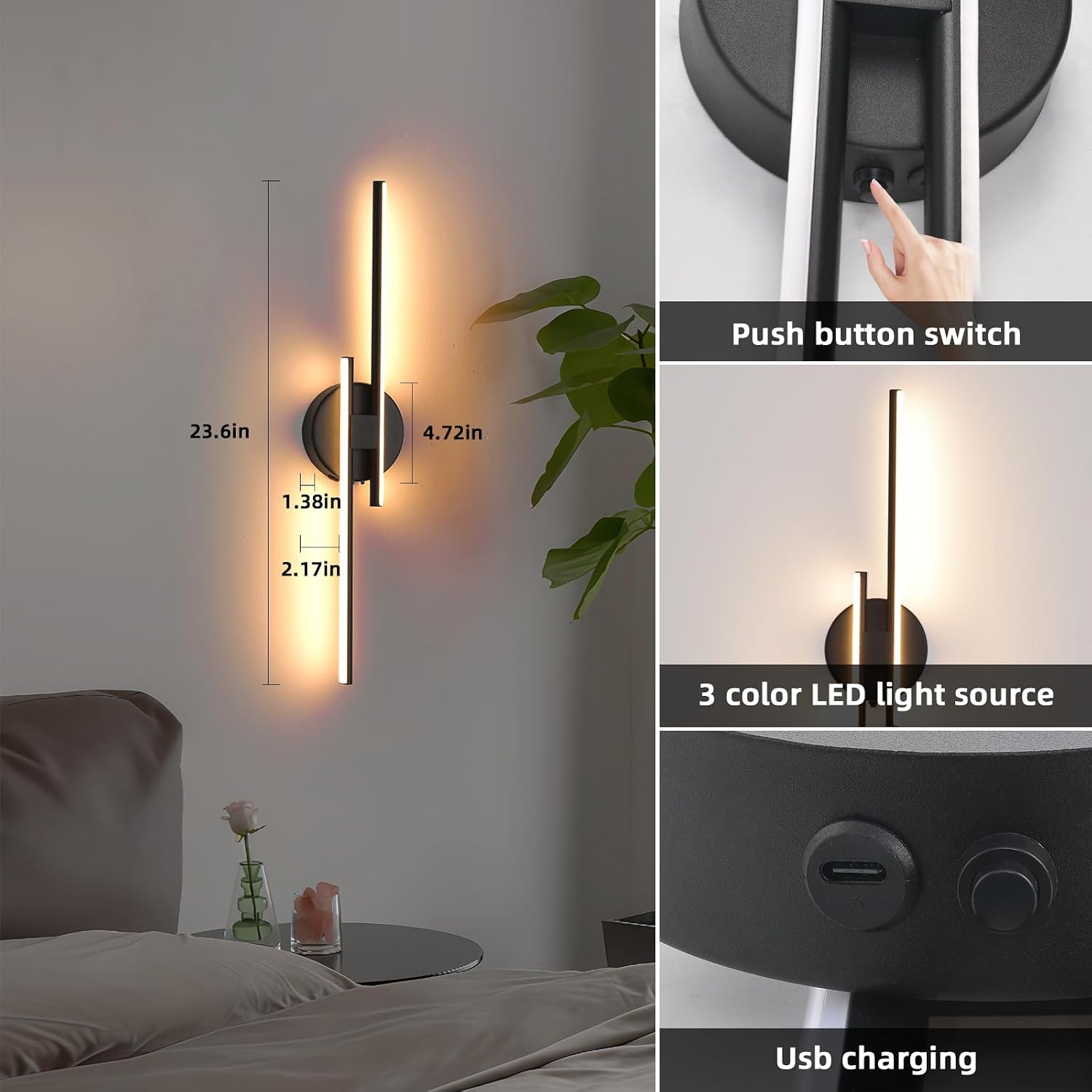 Rechargeable Battery Operated Wall Sconce Set Of Two, Black Wireless LED Wall Sconces With Remote Control, Dimmable 3 Colors Cordless wall lights for Living Room, bedroom, Hallway, 23.6 Inch ( 2pcs)