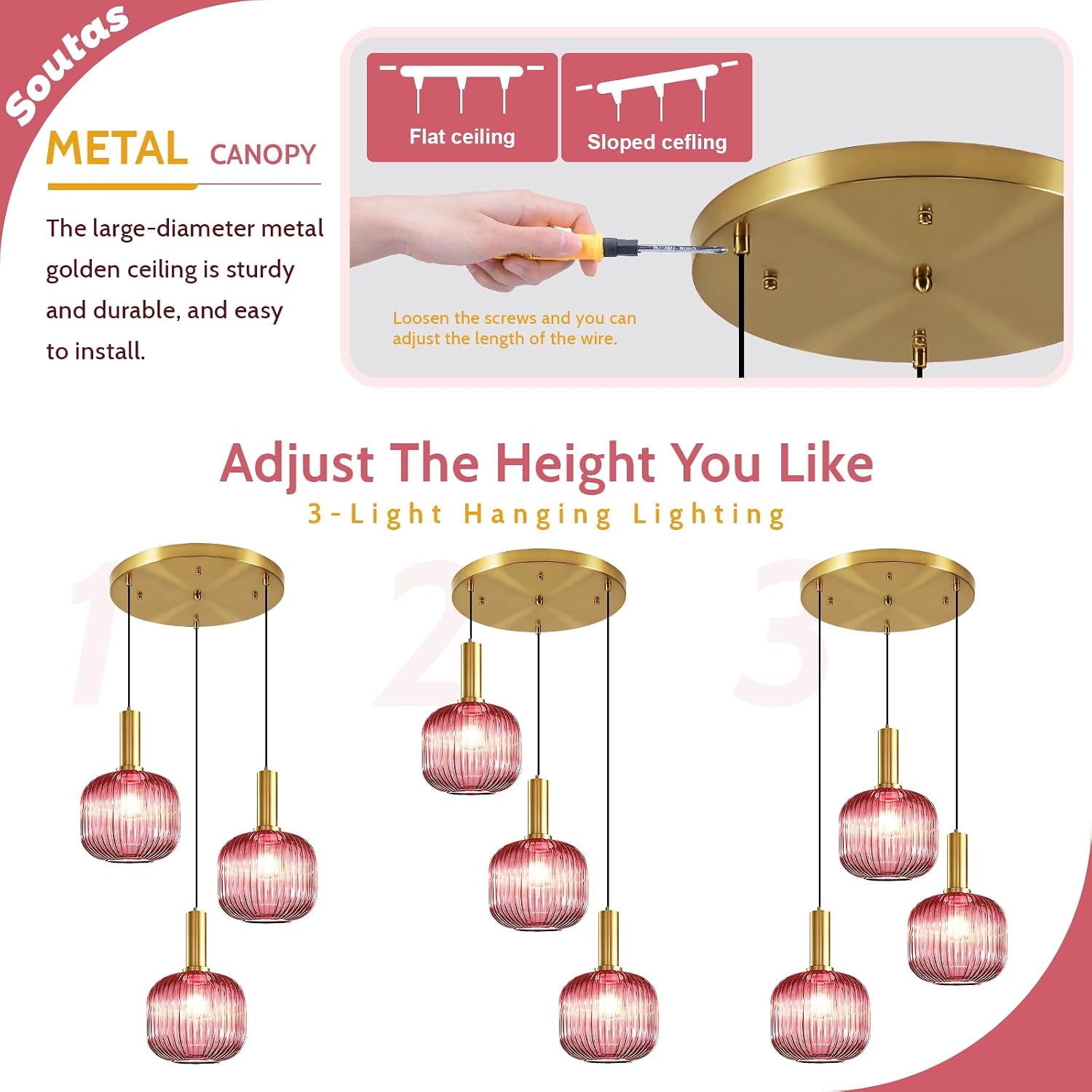 Girl Room Pink Glass Pendant Chandelier Mid Century Glod 3-Light Hanging Light Farmhouse E26 Base for Bedside Dining Table Foyer