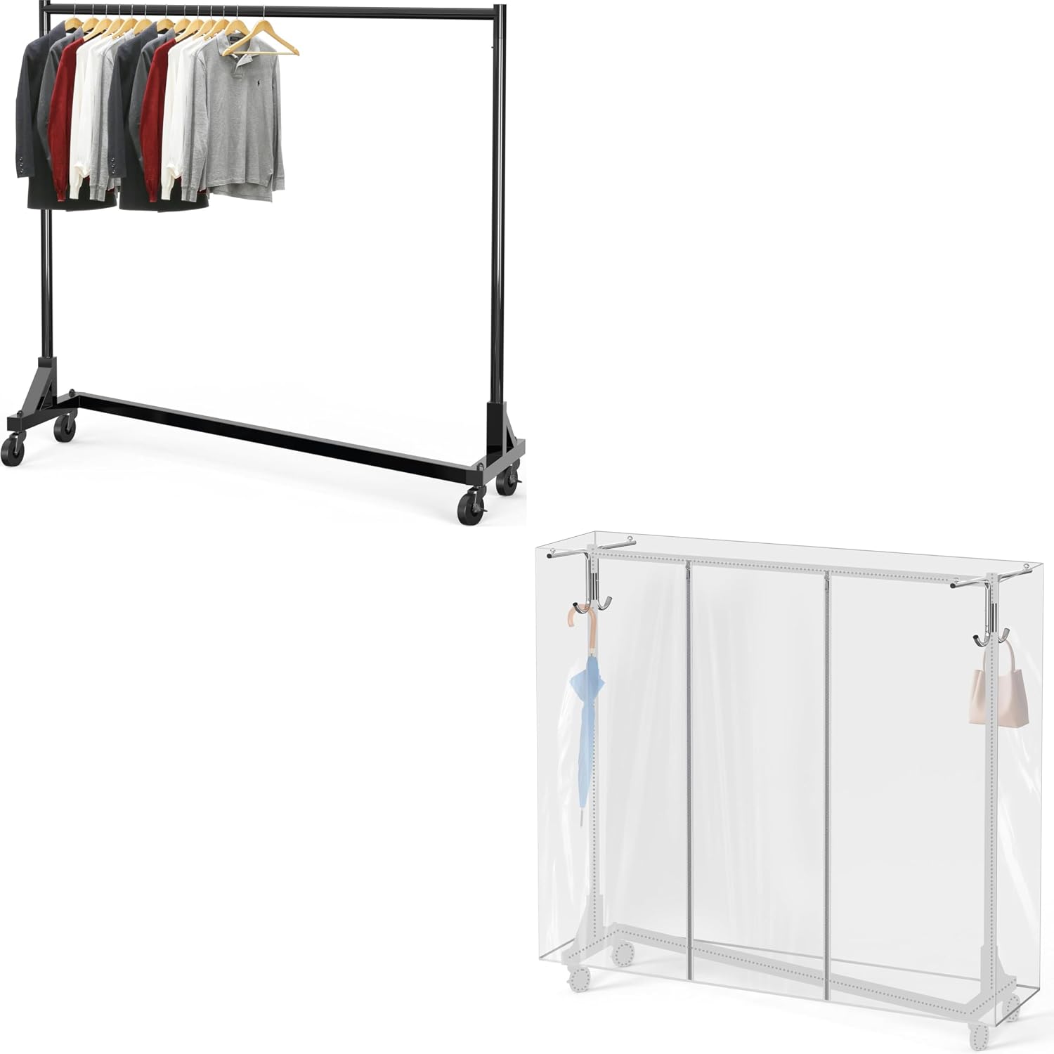 Simple Houseware Industrial Grade Z-Base Garment Rack, 500lb Load with 62 Inches Extra Long Bar, Black + Z-rack Cover/Bracket Set