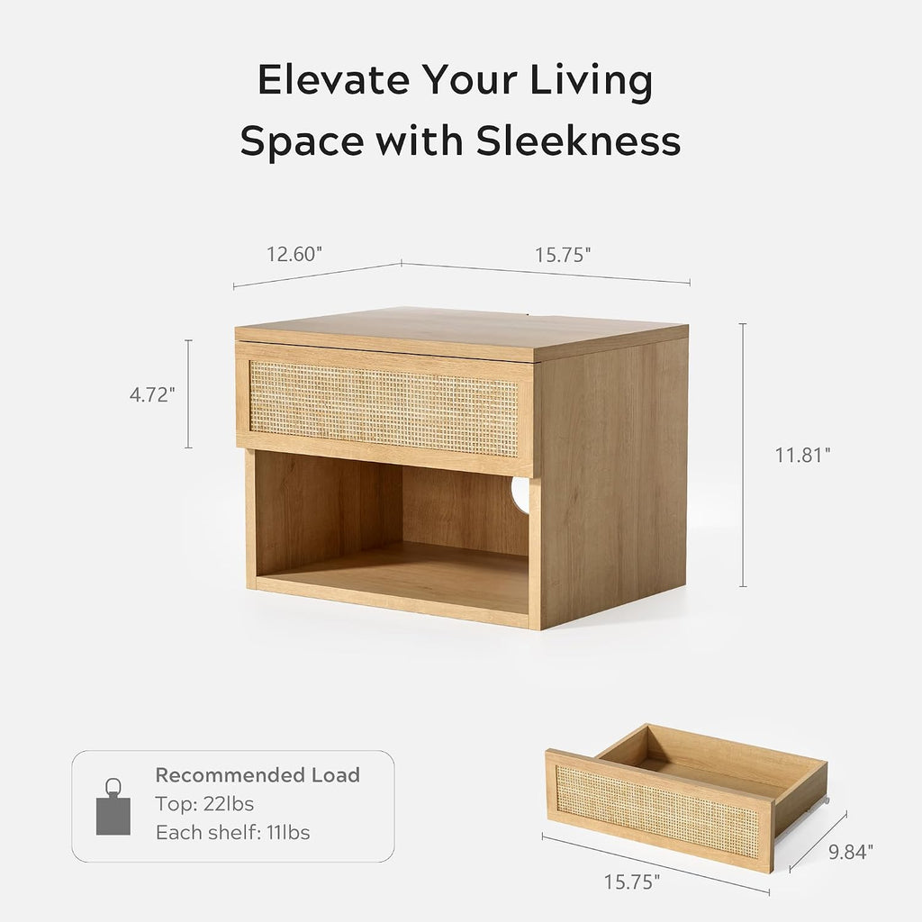 EYYTHUNG Small Rattan Floating Nightstands with Drawer Set of 4, Wall Mounted TV Stands with Open Compartment Modern Night Stand Wooden Bedside Table Storage Cabinet for Bedroom, Entryway Natural Oak