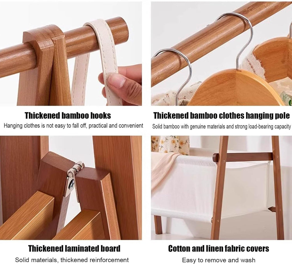 Floor-Standing Solid Wood Rotating Coat Rack，Bamboo Coat Rack Stand with Storage Bag - Freestanding Garment Organizer for Hanging Clothes, Stylish and Functional Storage Solution for Bedroom