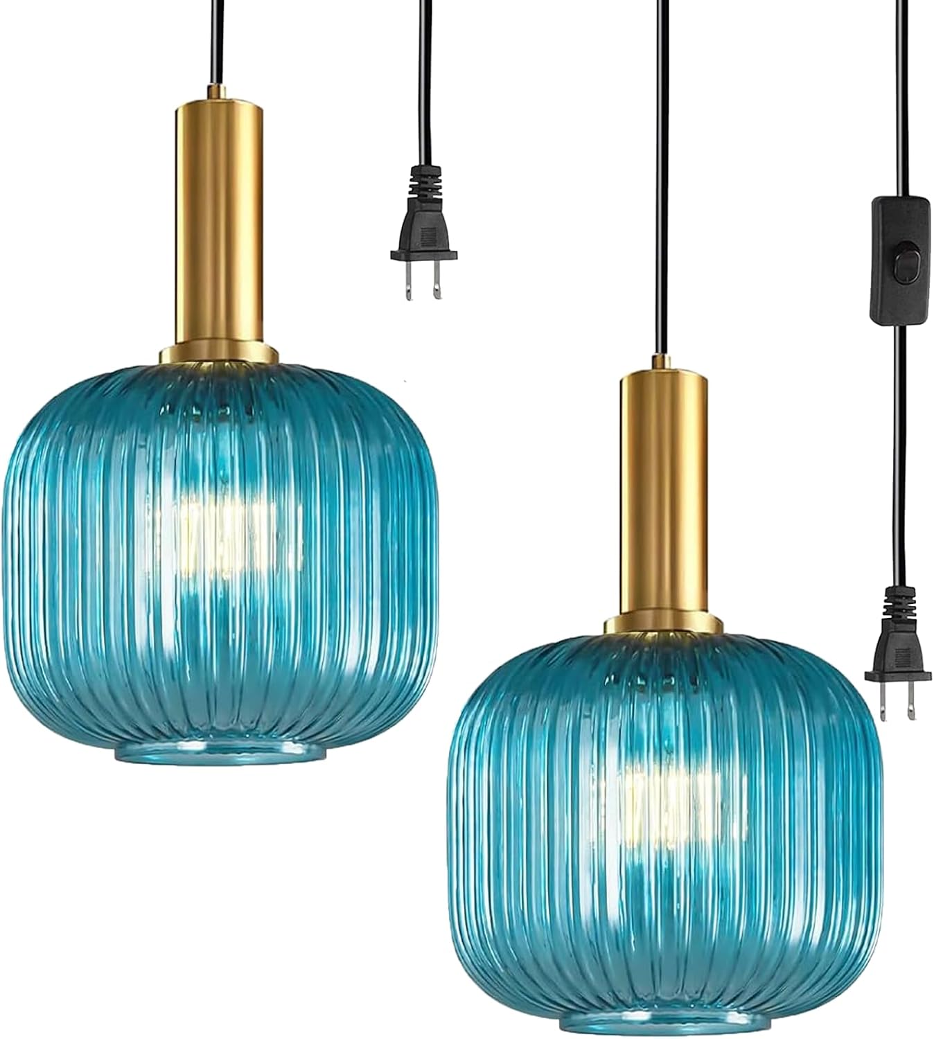 2 Pack Blue Hanging Lamp Plug in Ceiling Light with Cord Modern Coastal Pendant Lighting Fixture Striped Glass Hanging Pendant Lights for Living Room Bedroom Beach House Kitchen Gold