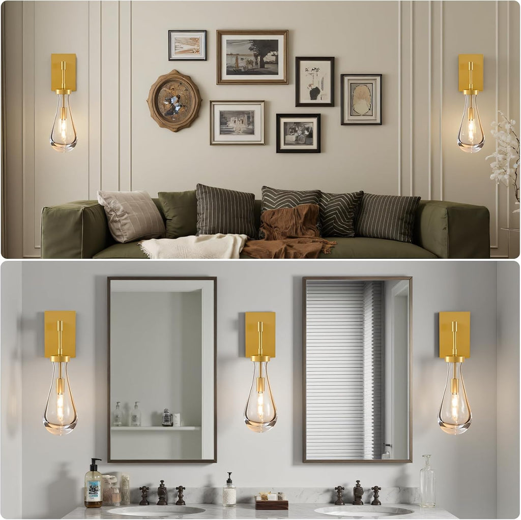 Raindrop Brass Crystal Wall Sconce: Set of 2 Clear Solid Indoor Sconces with Bulbs - Luxury Modern Gold Light Fixtures - Dimmable Vanity Lamp for Bedroom Living Room Bathroom Hallway Bedside Lighting