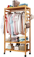 Bamboo Garment Rack Clothes Shelf Shoes Storage with 4 Hooks, Top Rod, 3 Storage Shelves, Wheels, Rolling Clothes Rack for Hanging Clothes, Clothing Racks Storage Organizer