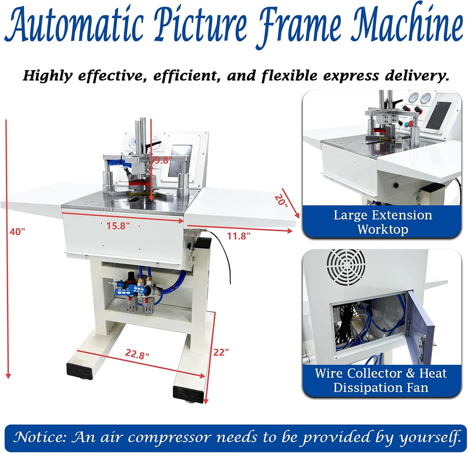Pneumatic Picture Frame Nailer, Smart CNC Corner Nailing Machine for Wood Framing with 5/7/10/12/15mm V-Nails, 110V Automatic Joiner for 90/120/135° Angle with Touch Screen & Air Tank