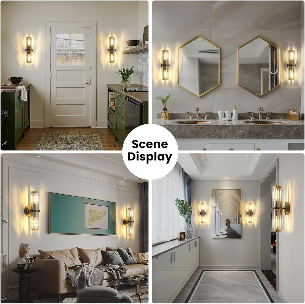 Crystal Wall Sconce Set of 2, Gold Crystal Bathroom Wall Light, Modern Sconces Wall Decor 2-Light Luxury Indoor Wall Lamp 15.7-Inch for Living Room, Hallway, Mirror, Bathroom, Vanity E26