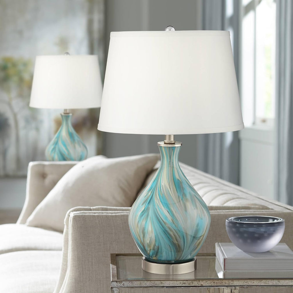 360 Lighting Cirrus 22' High Vase Small Modern Coastal Accent Table Lamps Set of 2 Blue Gray Handcrafted Art Glass White Shade Living Room Bedroom Bedside Nightstand House (Colors May Vary)